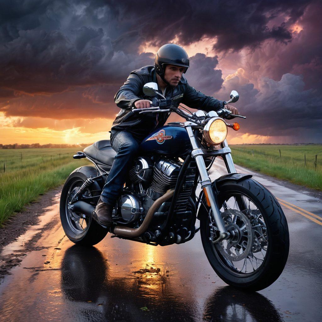 A rugged biker navigating a stormy road, with dark clouds swirling overhead and rain pouring down, symbolizing the struggle against cancer. In the background, a vibrant sunset breaks through the clouds, representing hope and survivor support. Include a leather-clad biker with a determined expression, riding a classic motorcycle adorned with awareness ribbons. The scene is dynamic, conveying both challenge and resilience. super-realistic. vibrant colors. dramatic lighting.