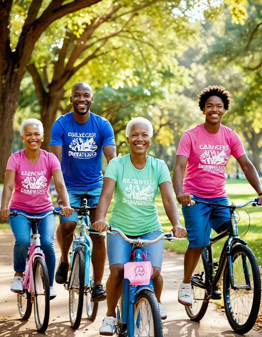 A diverse group of people riding bikes together in a beautiful park, each wearing colorful shirts with cancer awareness ribbons. The scene is lively, filled with smiles and camaraderie, as they share stories and support each other. Sunlight filters through the trees, creating a warm and welcoming atmosphere. The background features a banner promoting cancer awareness, adorned with encouraging messages. super-realistic. vibrant colors. natural setting.