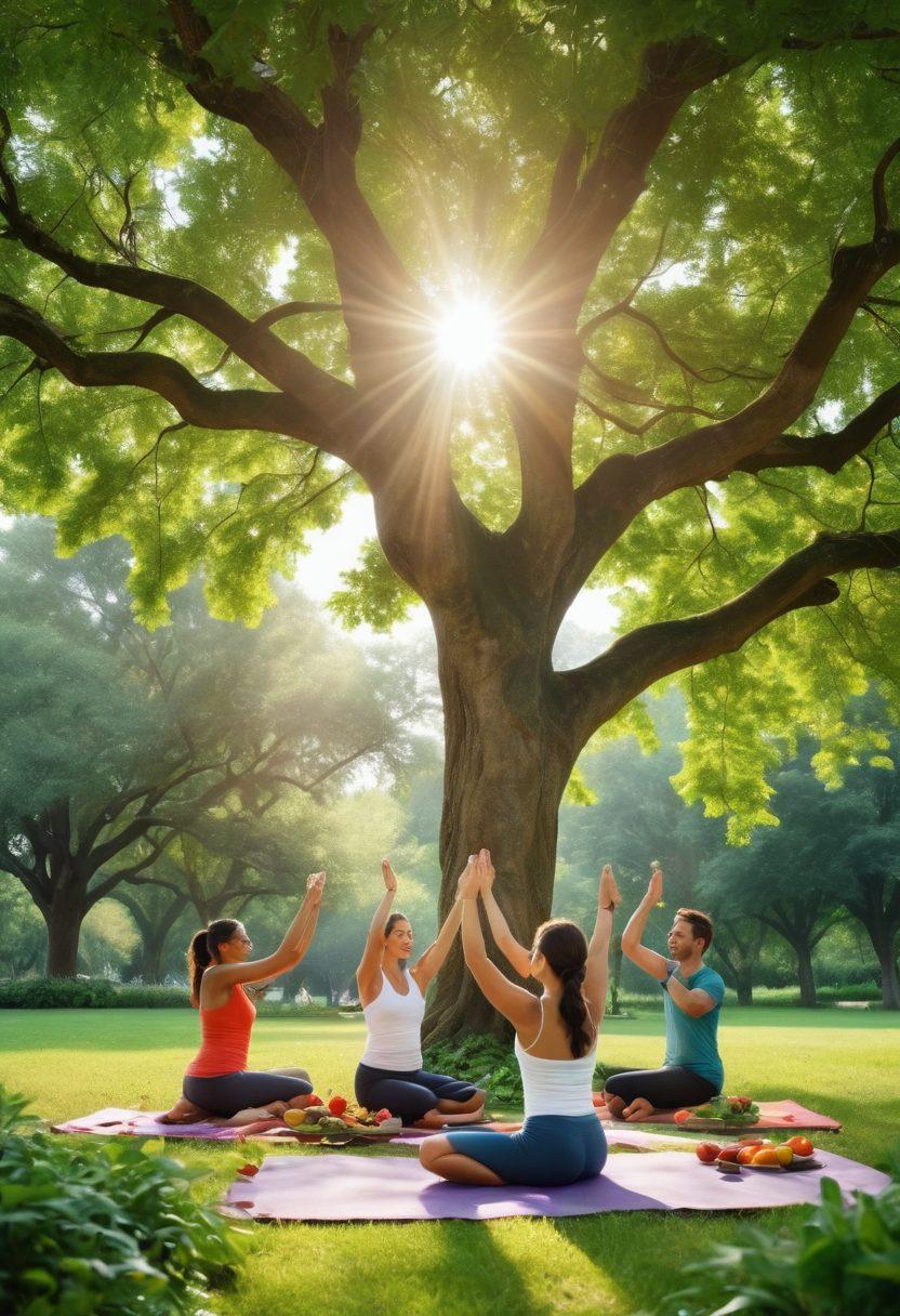 A visually inspiring scene depicting a diverse group of individuals engaging in healthy activities, such as cooking nutritious meals, practicing yoga, and sharing laughter in a lush green park. Incorporate elements symbolizing resilience, like a sturdy tree with deep roots and bright blossoms, alongside colorful fruits and vegetables. The atmosphere should exude positivity and hope, with warm sunlight filtering through the leaves. super-realistic. vibrant colors. gentle focus.